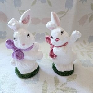 K's Collection Ceramic White Easter Bunny Rabbit Figurines Bows 6"